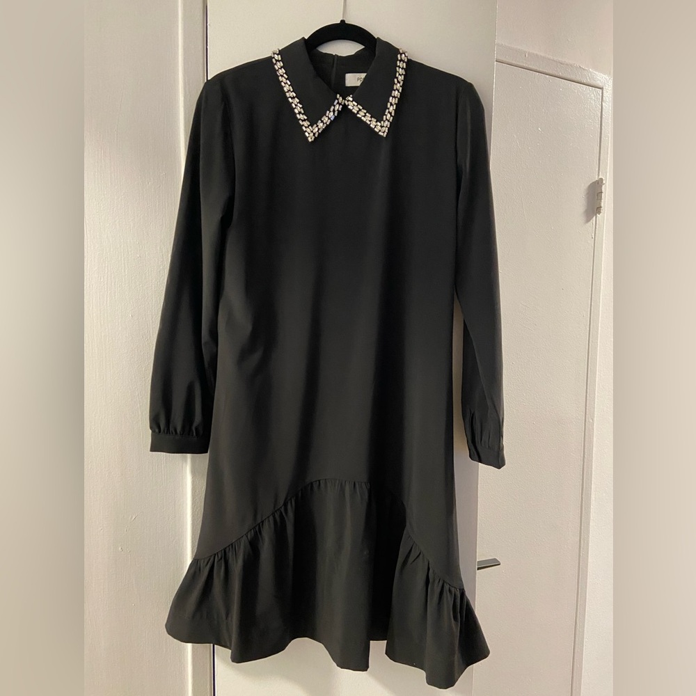 Black Long-Sleeve Dress with Embellished Collar